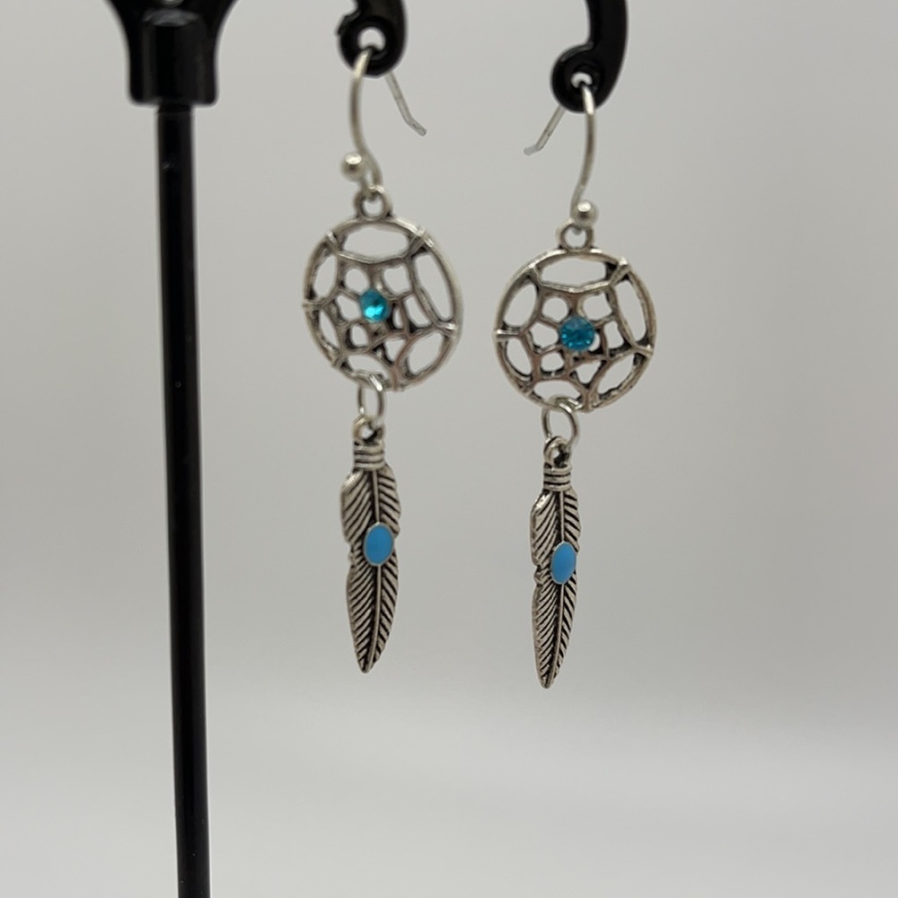 Silver Tone Dream Catcher BlueGem Dangle Earrings
